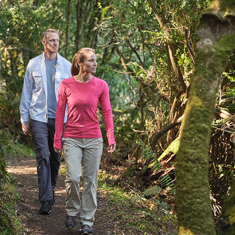 Man in blue and woman in pink shirt walking through forest.