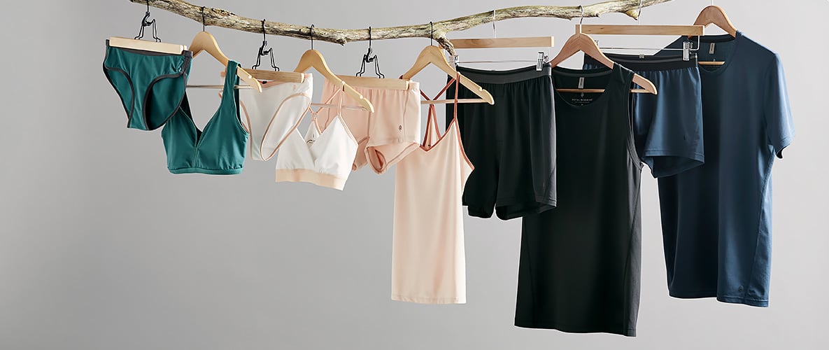 Various colors of men's and women's shirts and underwear hanging from a tree branch with a gray background.